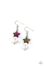 Load image into Gallery viewer, Featuring oversized glassy white beads, the earrings include iridescent beaded accents that feature round, heart, star, floral, and square-like shapes. Earrings attach to standard fishhook fittings
