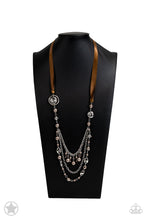 Load image into Gallery viewer, A silky brown ribbon replaces a traditional chain to give an elegant look. Pearly brown beads and funky silver pieces intermix with varying lengths of silver chains to give a fresh take on a Victorian-inspired piece.  Sold as one individual necklace. Includes one pair of matching earrings.
