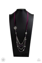 Load image into Gallery viewer, A silky purple ribbon replaces a traditional chain to create a timeless look. Pearly deep purple beads and funky silver pieces intermix with varying lengths of silver chains to give a fresh take on a Victorian-inspired piece
