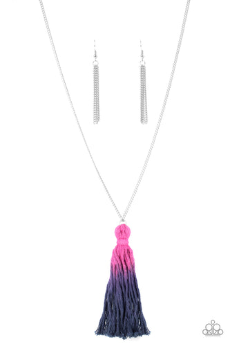 A knotted tassel gradually fades from purple to Blue Depths at the bottom of a lengthened silver chain, creating a colorful pendant. Features an adjustable clasp closure.