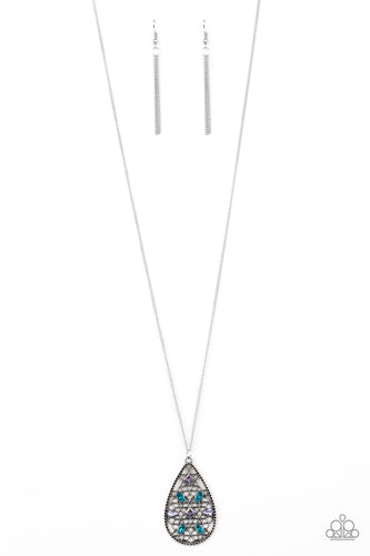 Dotted in a variety of multicolored rhinestones, a silver teardrop pendant swings from the bottom of a lengthened silver chains for a refined look. Features an adjustable clasp closure.