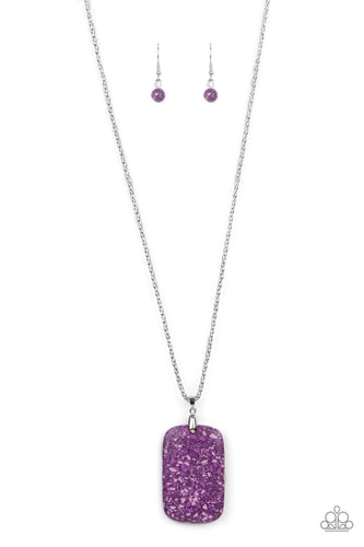 Featuring a terrazzo finish, a vivacious purple stone pendant swings from the bottom of a lengthened silver popcorn chain in a colorfully earthy fashion. Features an adjustable clasp closure.