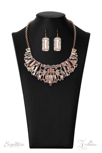 The Deborah. An infinite display of iridescent bars, shiny copper bars with a metallic and reflective finish, white rhinestones, rhinestones with peach-colored undertones, and shiny copper bars studded with dazzling white rhinestones meticulously join into three dramatically abstract shiny copper frames below the collar. Attached to classic shiny copper chains, the evocative display of dazzle demands attention. Features an adjustable clasp closure. Due to its prismatic palette, color may vary.
