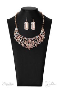 The Deborah. An infinite display of iridescent bars, shiny copper bars with a metallic and reflective finish, white rhinestones, rhinestones with peach-colored undertones, and shiny copper bars studded with dazzling white rhinestones meticulously join into three dramatically abstract shiny copper frames below the collar. Attached to classic shiny copper chains, the evocative display of dazzle demands attention. Features an adjustable clasp closure. Due to its prismatic palette, color may vary.