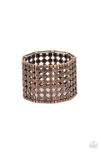 Bordered by rows of copper cubes, stacked rows of antiqued copper dots connect into rectangular frames that are threaded along stretchy bands around the wrist for an edgy geometric finish.  Sold as one individual bracelet