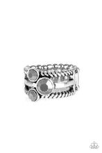 Load image into Gallery viewer, A trio of glittery hematite rhinestones are sprinkled along smooth and twisted silver bands, creating edgy layers across the finger. Features a stretchy band for a flexible fit.
