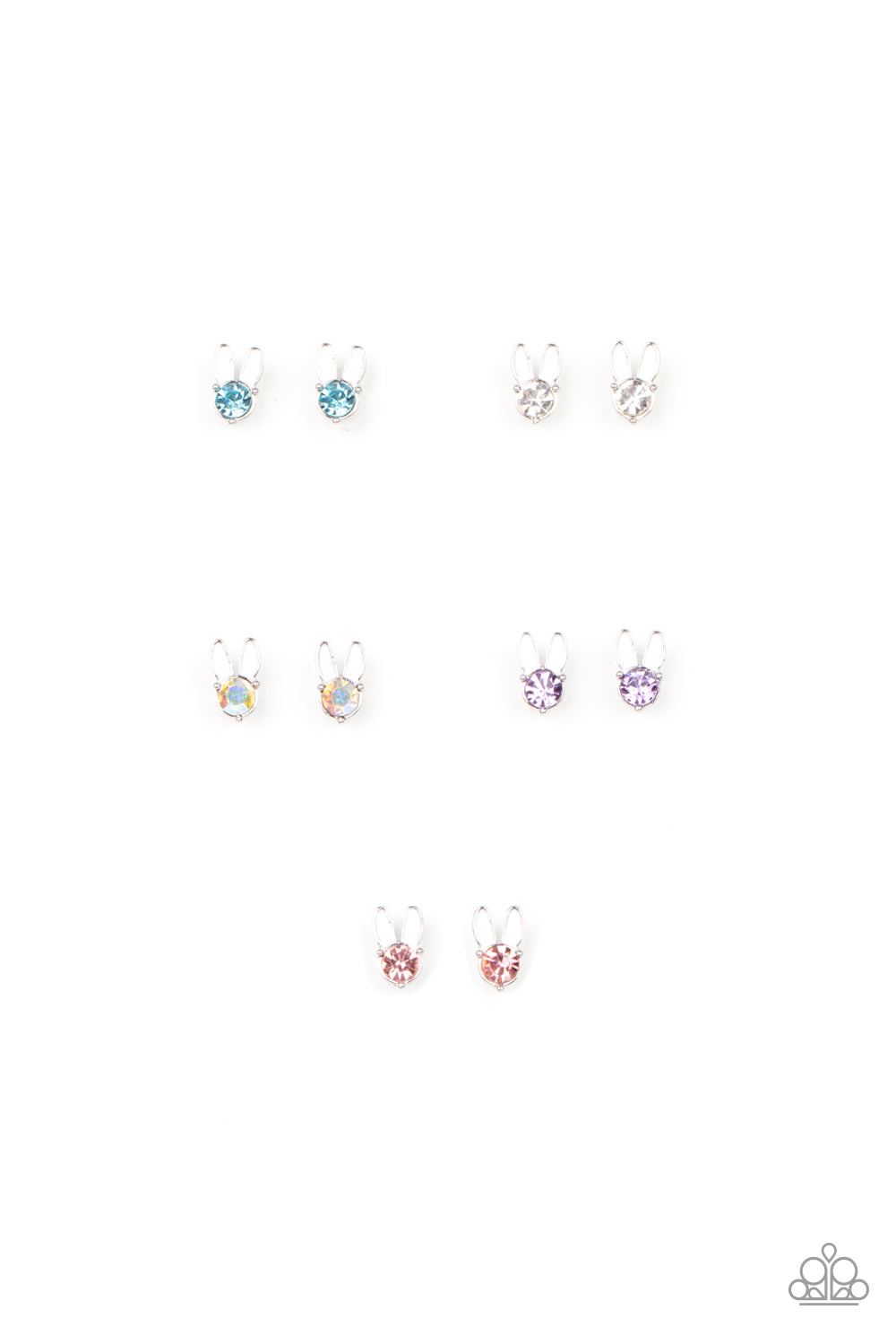 Featuring white bunny ears, the Easter inspired frames include glittery pairs of rhinestones that vary in shades of blue, white, purple, pink, and iridescent. Earrings attach to standard post fittings