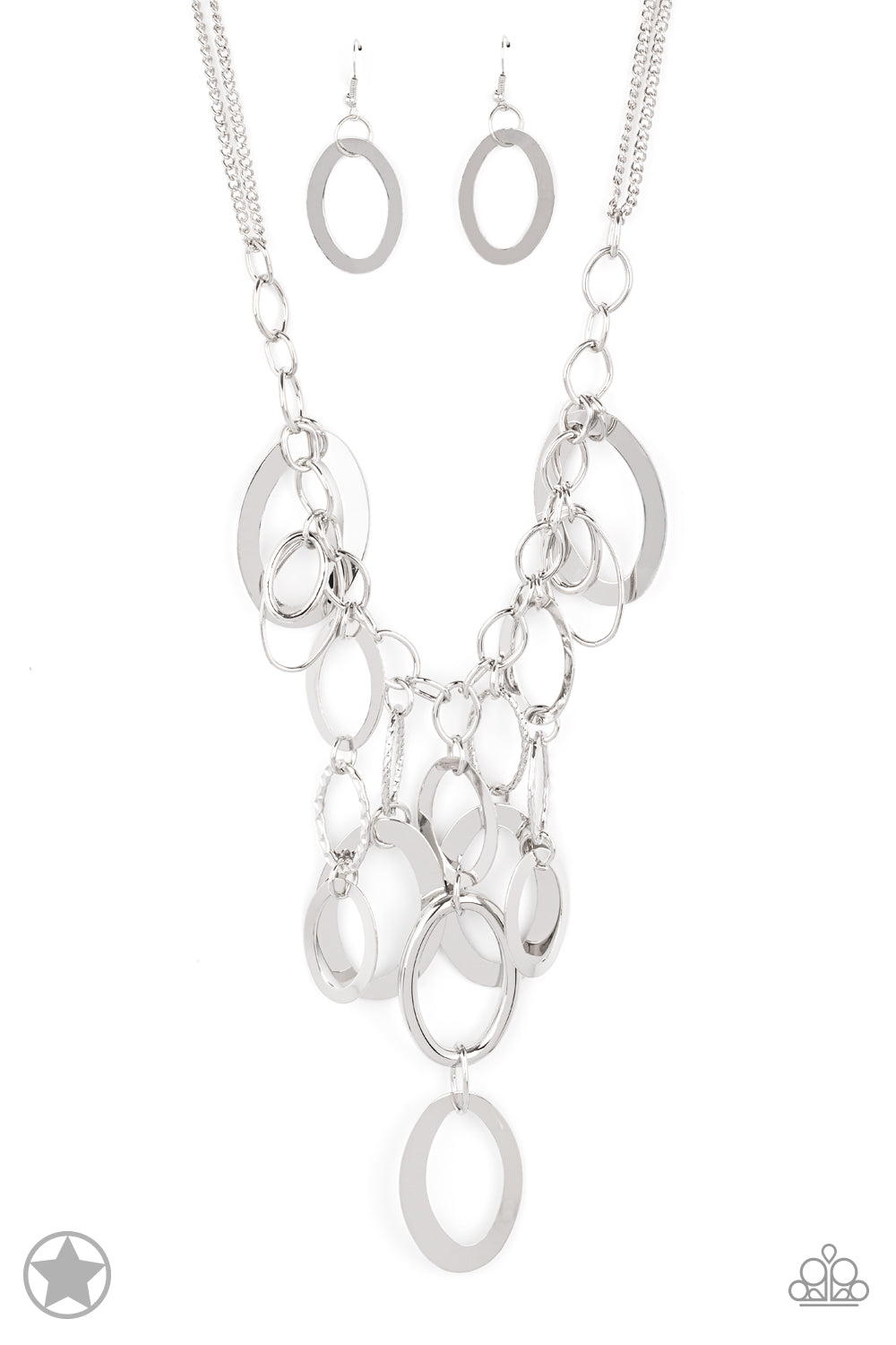  Large silver links and shimmering textured silver rings cascade below a silver chain freely, allowing for movement that makes a bold statement. Features an adjustable clasp closure.