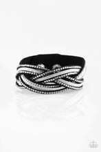 Load image into Gallery viewer, Dusted in glitter, skinny black strands braid with rhinestone encrusted strands across the wrist for a sassy look. Features an adjustable snap closure.
