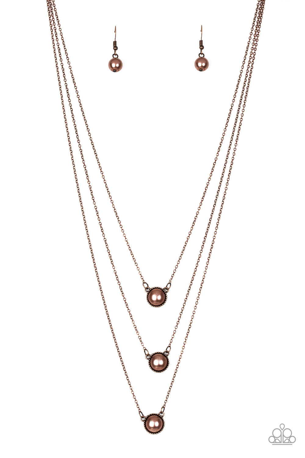 Three copper pearl drop pendants layer down the chest in a refined fashion. Features an adjustable clasp closure.
