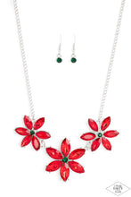 Load image into Gallery viewer, Rich red marquise cut rhinestones gather into whimsical flowers dotted with brilliant emerald rhinestone centers. The sparkling red gems are set in pronged settings and connect to a dainty silver chain creating a fanciful display across the collar. Features an adjustable clasp closure.  Sold as one individual necklace. Includes one pair of matching earrings.   This Pink Diamond Encore is back in the spotlight at the request of our 2022 Life of the Party member with Pink Diamond Access, Monica C
