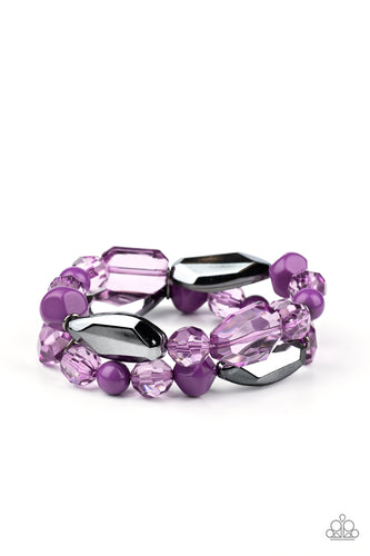 Mismatched gunmetal, polished purple, and crystal-like beads are threaded along interlocking stretchy bands for a whimsical look.  Sold as one individual bracelet.