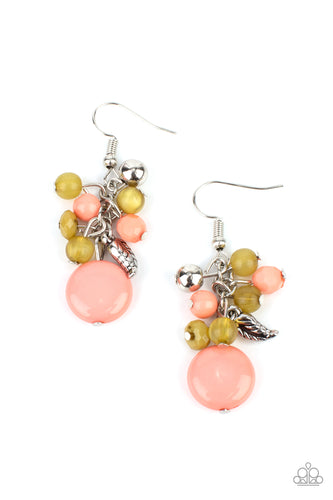 A cluster of Burnt Coral and Willow beads, accented with a shiny silver bead and a delicate silver feather, tumble together atop a flattened Burnt Coral bead for a whimsical finish. Earring attaches to a standard fishhook fitting. 