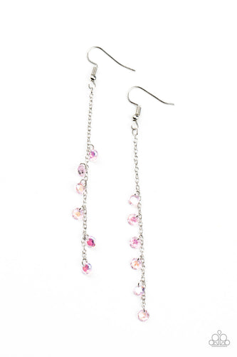 Featuring stellar iridescence, a dainty collection of glassy pink rhinestones tumble down a lengthened silver chain for a twinkly tasseled look. Earring attaches to a standard fishhook fitting. 