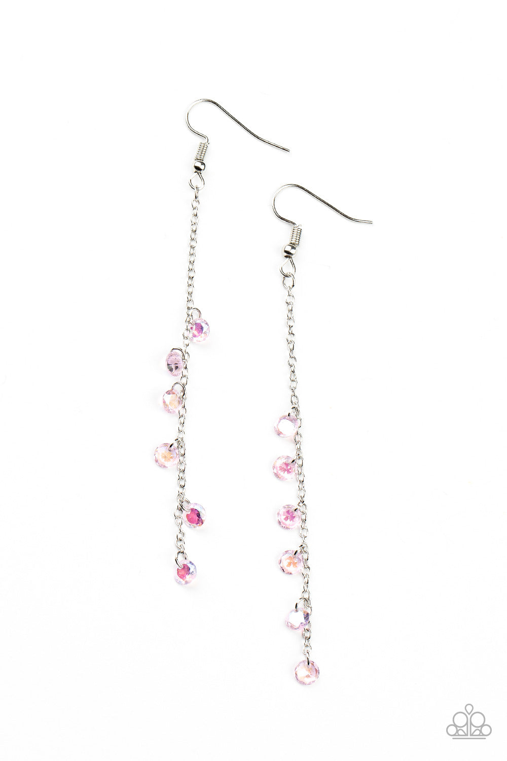 Featuring stellar iridescence, a dainty collection of glassy pink rhinestones tumble down a lengthened silver chain for a twinkly tasseled look. Earring attaches to a standard fishhook fitting. 