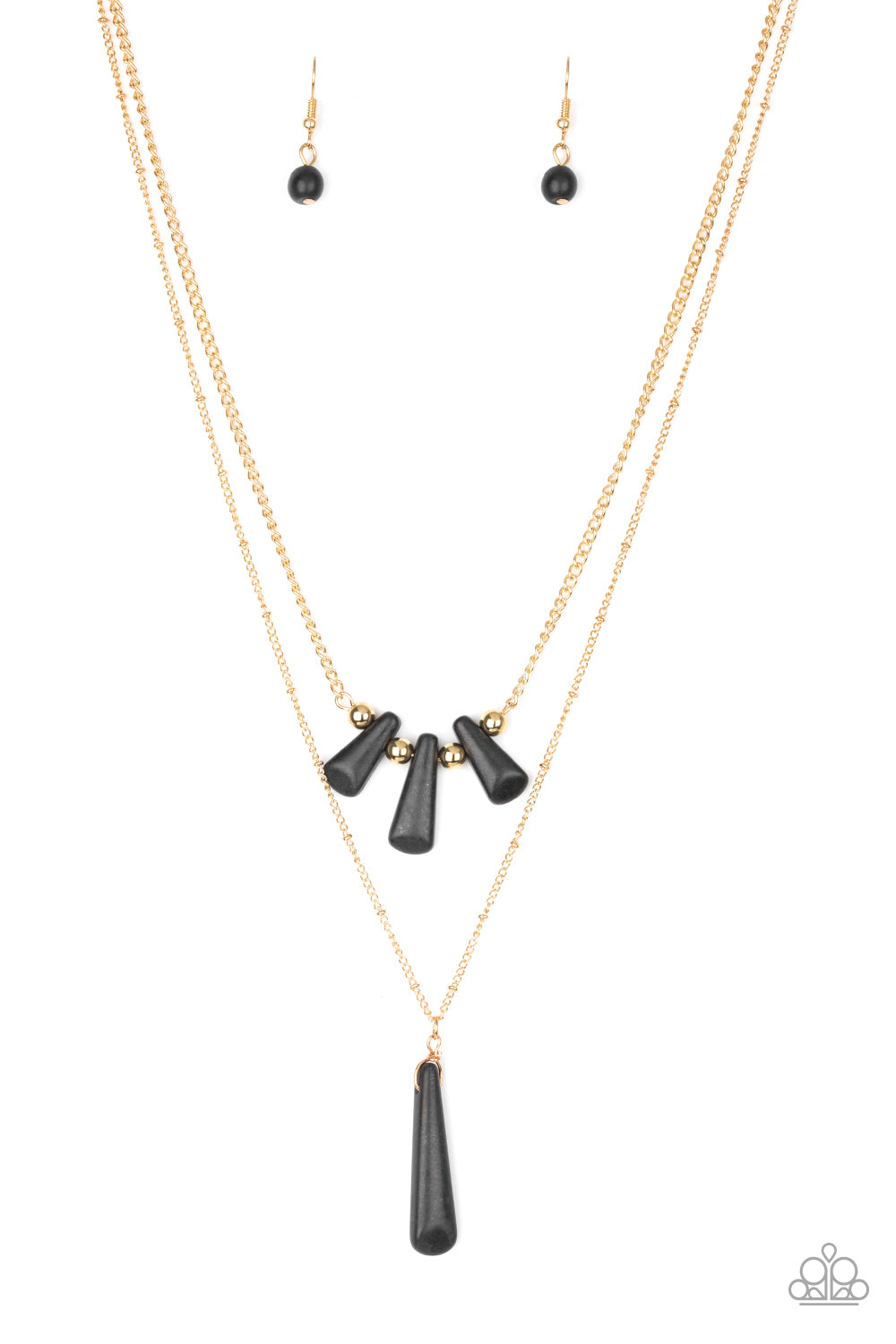 Chiseled into flared teardrop shapes, a dainty fringe of black stones and golden beads gives way to a large stone pendant, creating earthy layers down the chest. Features an adjustable clasp closure.