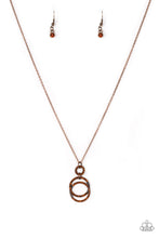 Load image into Gallery viewer, Encrusted in radiant rhinestones, three copper hoops interlock at the bottom of an elongated copper chain for an elegant look. Features an adjustable clasp closure.
