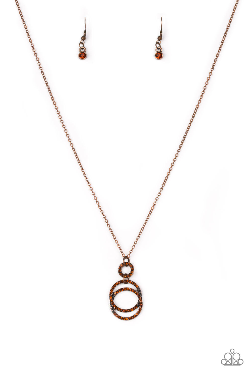 Encrusted in radiant rhinestones, three copper hoops interlock at the bottom of an elongated copper chain for an elegant look. Features an adjustable clasp closure.