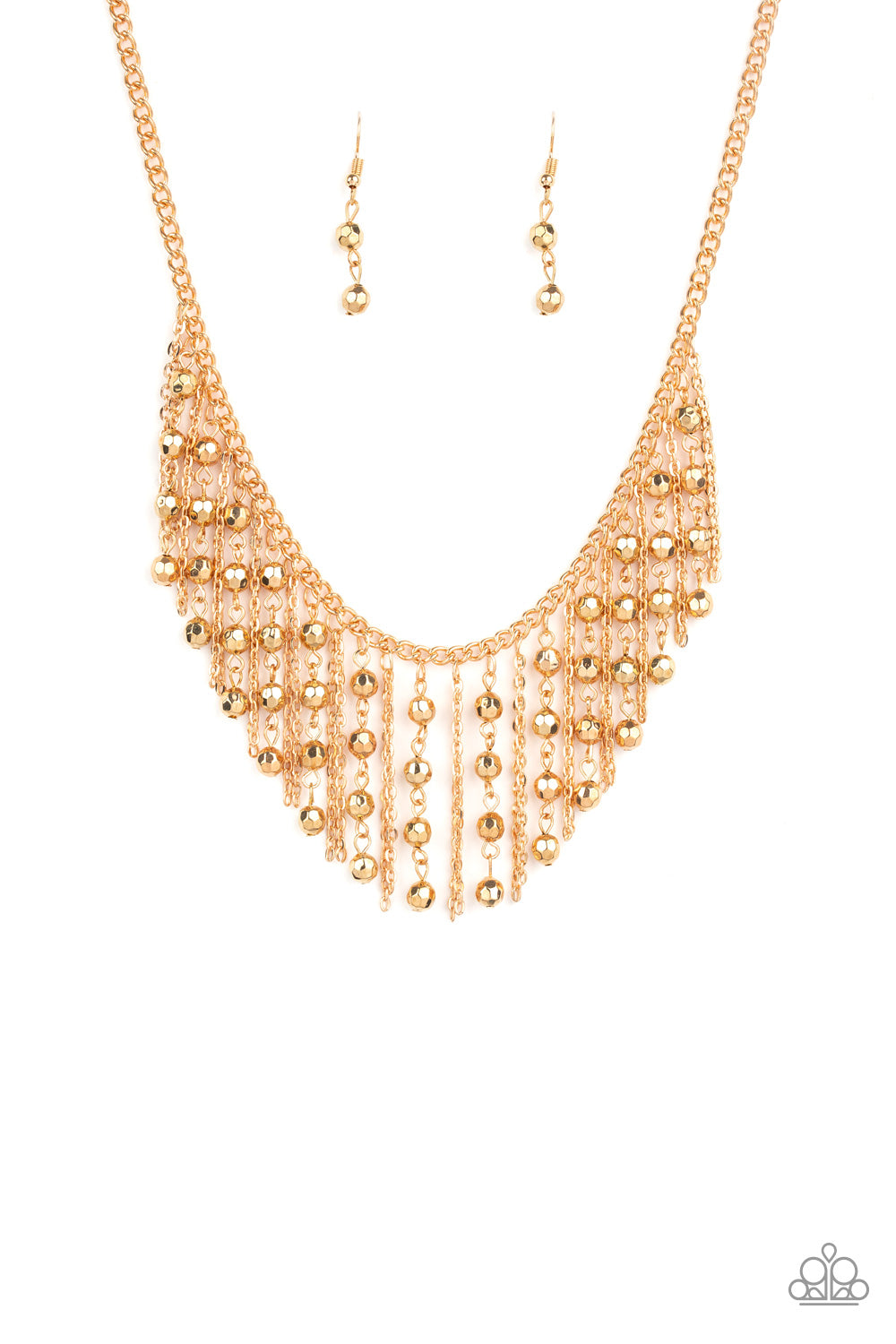 Stands of faceted gold beads and glistening gold chains stream from a matching gold chain, creating an edgy fringe below the collar. Features an adjustable clasp closure.