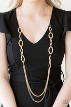 Load image into Gallery viewer, Hammered gold rings give way to rows of mismatched gold chains, creating edgy layers down the chest. Features an adjustable clasp closure.
