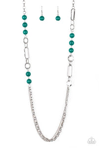 A collection of glassy and polished green beads give way to layers of mismatched silver chain for a whimsical look. Features an adjustable clasp closure. 