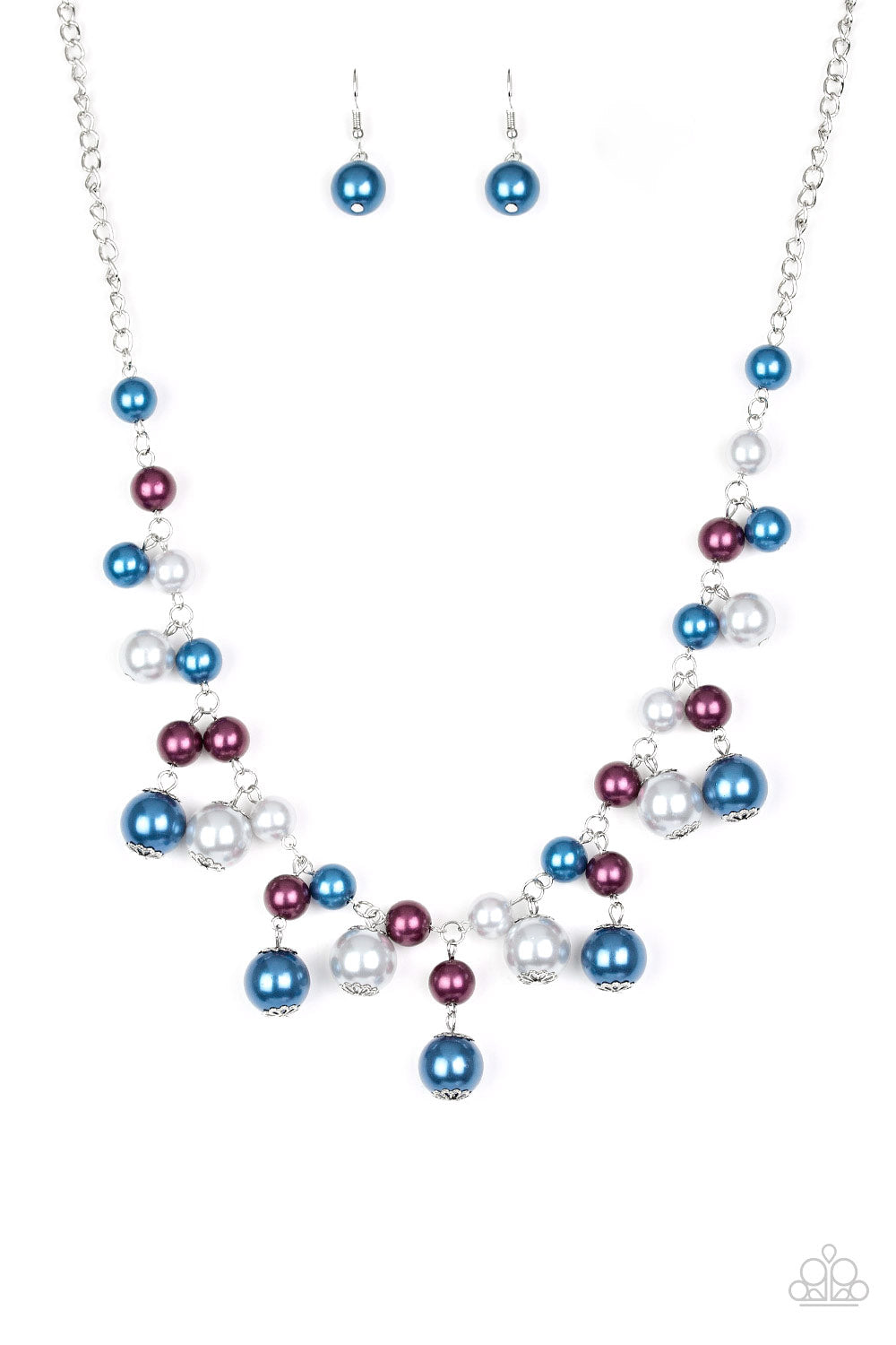 Varying in size, bubbly blue, purple, and silver pearls swing from the bottom of a classic strand of pearls, creating a refined fringe below the collar. Features an adjustable clasp closure.