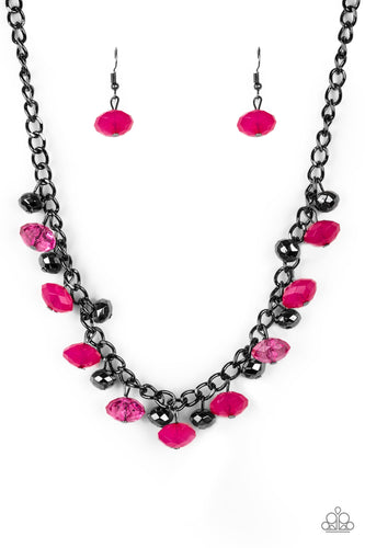 Featuring cloudy and glassy finishes, faceted pink crystal-like beads swing from the bottom of a glistening gunmetal chain. Faceted gunmetal beads join the pink beading, creating a flirtatious fringe below the collar. Features an adjustable clasp closure.