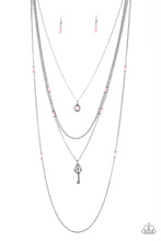 Load image into Gallery viewer, Featuring flirty pink and dainty silver accents, a pink beaded pendant gives way to a shimmery silver key for a whimsically layered look. Features an adjustable clasp closure.
