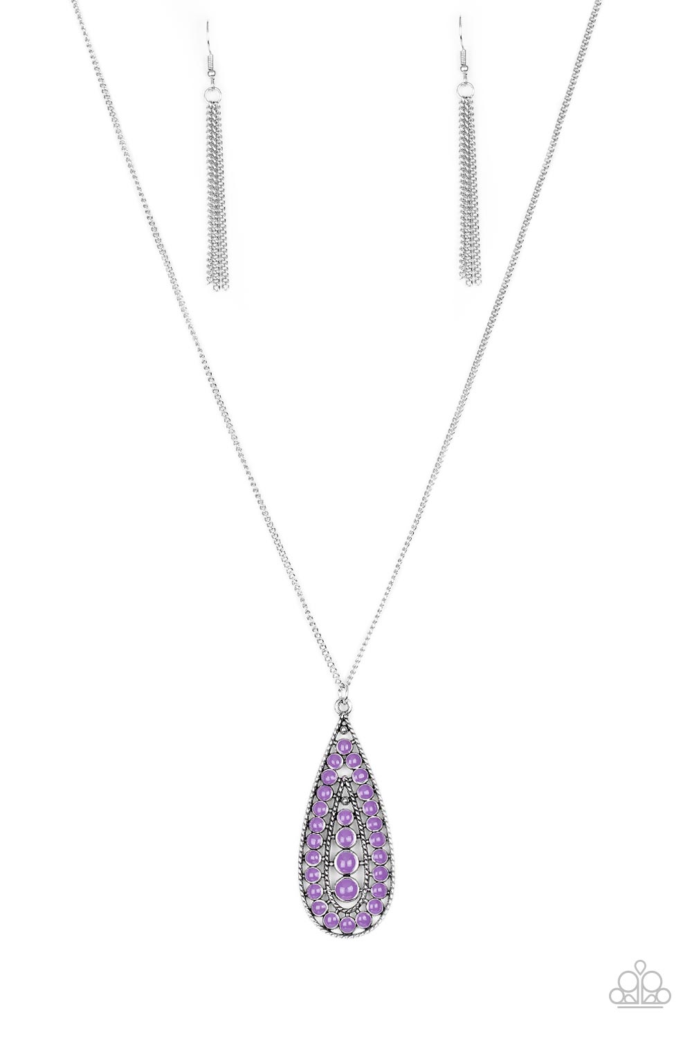 Brushed in a vivacious purple finish, a bubbly silver teardrop swings from the bottom of an elongated silver chain for a tribal inspired look. Features an adjustable clasp closure.