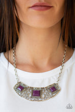 Load image into Gallery viewer, Glistening silver filigree spins into a dramatic pendant below the collar. Square plum beads are pressed into the airy frame for a colorful finish. Features an adjustable clasp closure.
