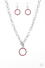 Load image into Gallery viewer, Encrusted in fiery red rhinestones, a bubbly silver pendant swings below the collar for a colorfully casual look. Features a toggle closure.
