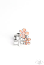 Load image into Gallery viewer, Two flowers in complementary shades of coral are paired with a silver flower in a sleek finish.  Each flower is dotted with brilliant white rhinestones for flawless light-catching detail. Features a stretchy band for a flexible fit.
