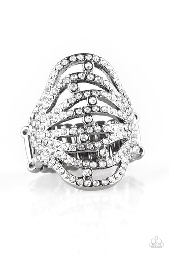 Countless dazzling white rhinestones are sprinkled along swooping gunmetal bands, creating a glamorous frame atop the finger. Features a stretchy band for a flexible fit.