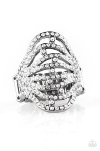 Countless dazzling white rhinestones are sprinkled along swooping gunmetal bands, creating a glamorous frame atop the finger. Features a stretchy band for a flexible fit.