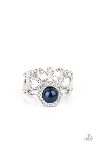 Featuring regal teardrop cuts, glittery white rhinestones flare from the center of a blue pearl drop center. Dainty white rhinestones spin around the pearly center for a glamorous finish. Features a stretchy band for a flexible fit. 