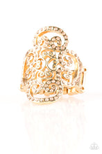 Load image into Gallery viewer, Dainty peach rhinestones are encrusted along a glistening gold frame radiating with regal filigree for a refined look. Features a stretchy band for a flexible fit.
