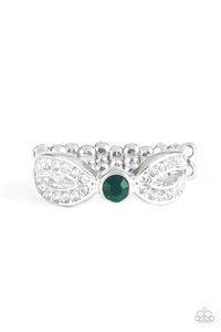 Encrusted in glassy white rhinestones, glistening silver ribbons loop away from a dazzling green rhinestone center for a refined look. Features a dainty stretchy band for a flexible fit.