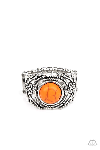 A refreshing orange stone is pressed into an ornate silver band radiating with rope-like and studded textures for a seasonal look. Features a stretchy band for a flexible fit