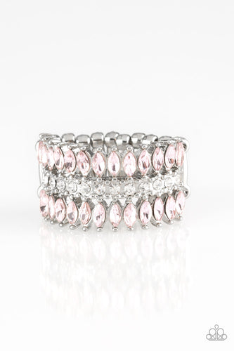 Featuring refined marquise cuts, glittery pink rhinestones flare from a center of glassy white rhinestones, creating a regal band across the finger. Features a stretchy band for a flexible fit.