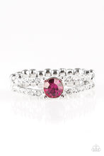 Load image into Gallery viewer, A glittery pink rhinestone sits atop two shimmery silver bands encrusted in glassy white rhinestones for a glamorous look. Features a dainty stretchy band for a flexible fit.
