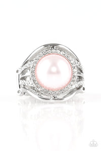 Shiny silver bands and white rhinestone encrusted bands flare from a pink pearl drop center for a glamorous look. Features a stretchy band for a flexible fit.