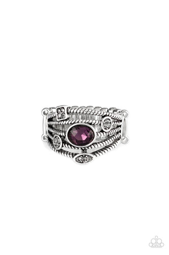 Varying in shape, glistening silver frames are encrusted in dainty smoky rhinestones and an oval purple rhinestone atop twisted silver bands for a refined look. Features a stretchy band for a flexible fit.