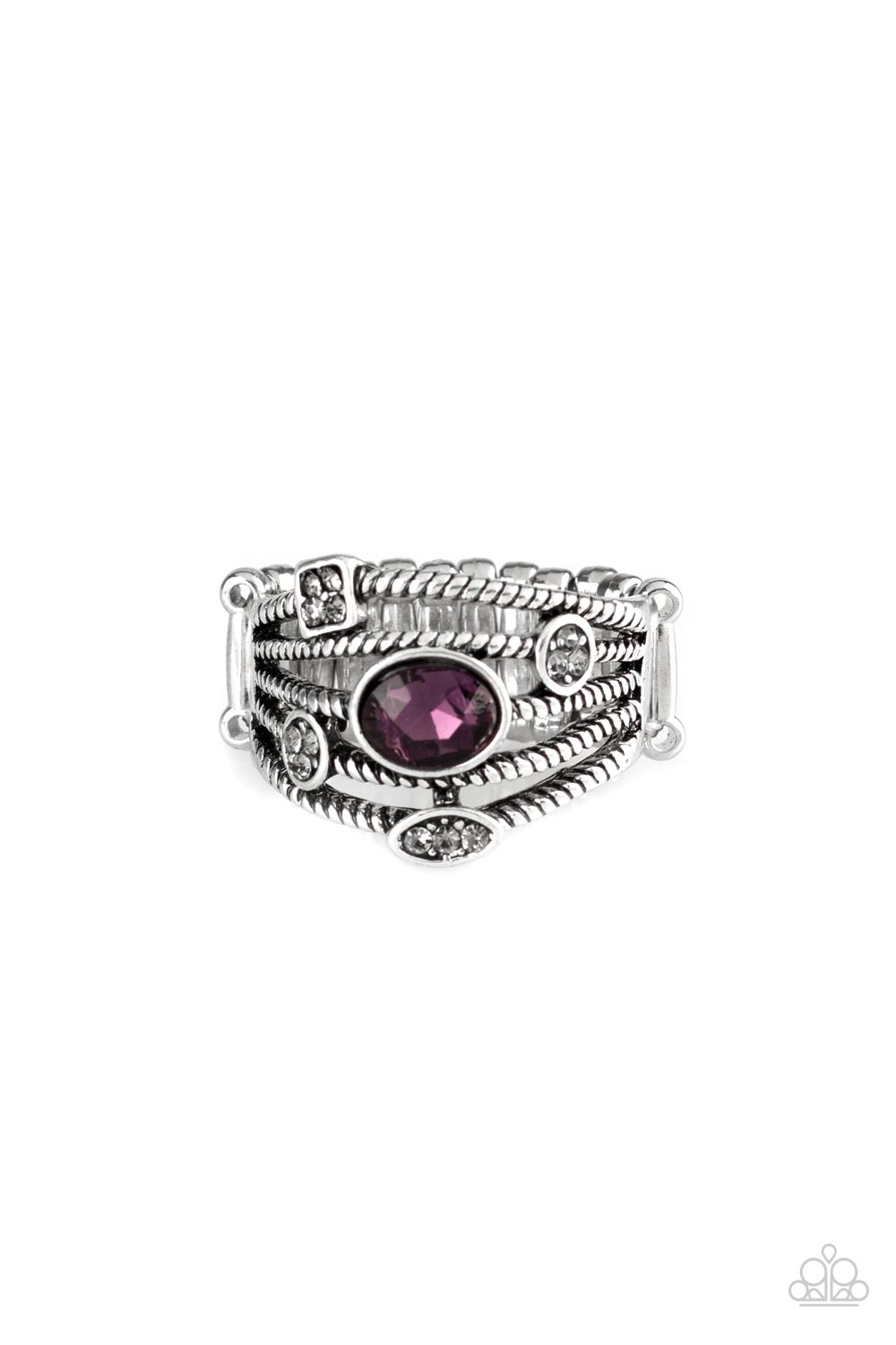 Varying in shape, glistening silver frames are encrusted in dainty smoky rhinestones and an oval purple rhinestone atop twisted silver bands for a refined look. Features a stretchy band for a flexible fit.