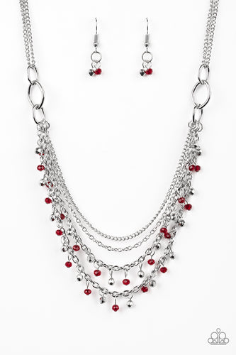 Dainty silver and red crystal-like beads cascade from two shimmery silver chains. Infused with plain silver chains, the colorful strands layer below the collar for a flirtatious look. Features an adjustable clasp closure.
