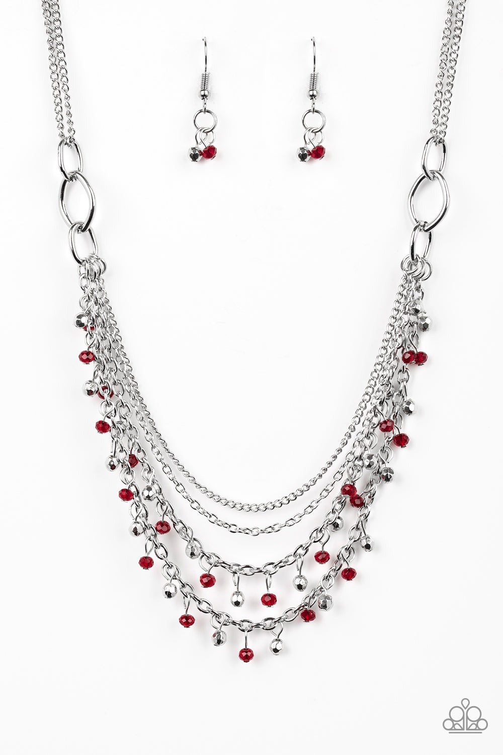 Dainty silver and red crystal-like beads cascade from two shimmery silver chains. Infused with plain silver chains, the colorful strands layer below the collar for a flirtatious look. Features an adjustable clasp closure.