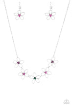 Load image into Gallery viewer, Dotted with radiant multicolored rhinestone centers, airy silver flowers link below the collar for a seasonal look. Features an adjustable clasp closure.
