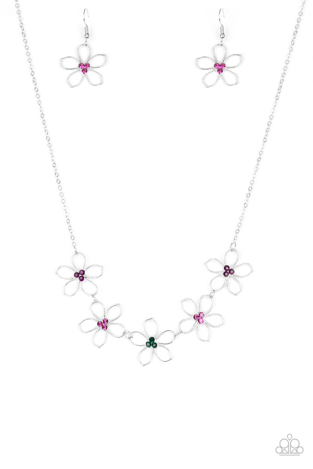 Dotted with radiant multicolored rhinestone centers, airy silver flowers link below the collar for a seasonal look. Features an adjustable clasp closure.