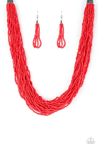 Infused with two bold silver fittings, countless strands of fiery red seed beads drape below the collar for a seasonal look. Features an adjustable clasp closure.  Sold as one individual necklace. Includes one pair of matching earrings.