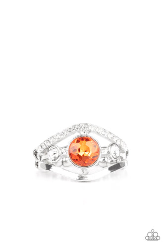 A white rhinestone encrusted band and glistening silver band wave around a radiating orange and white rhinestone center for a refined look. Features a dainty stretchy band for a flexible fit.