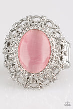 Load image into Gallery viewer, Encrusted in dainty white rhinestones, a frilly silver frame spins around a glowing pink moonstone center for a regal look. Features a stretchy band for a flexible fit.
